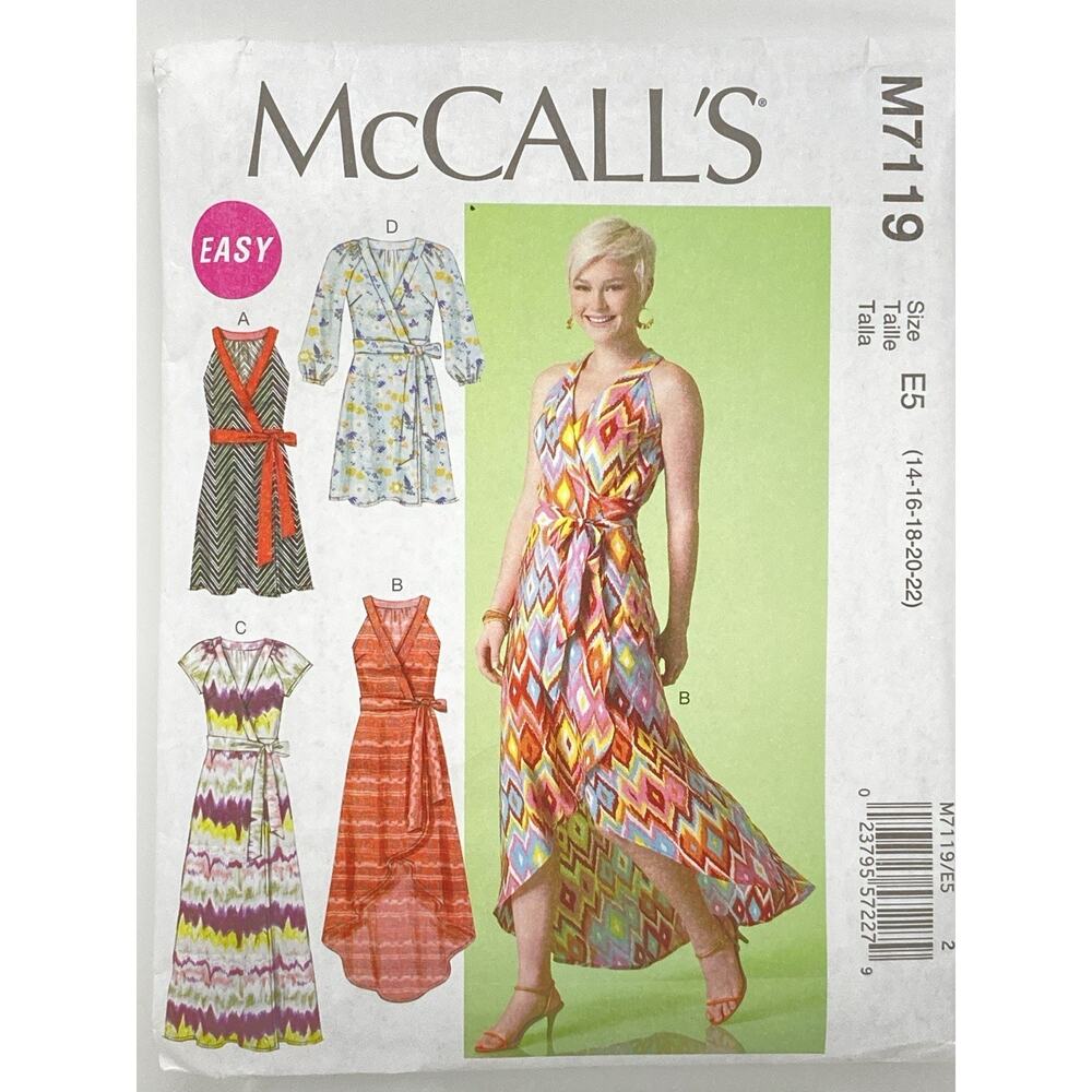 McCalls Pattern M7119 Misses Wrap Dress Halter Style Sleeves E5 14-22 UNCUT NOS